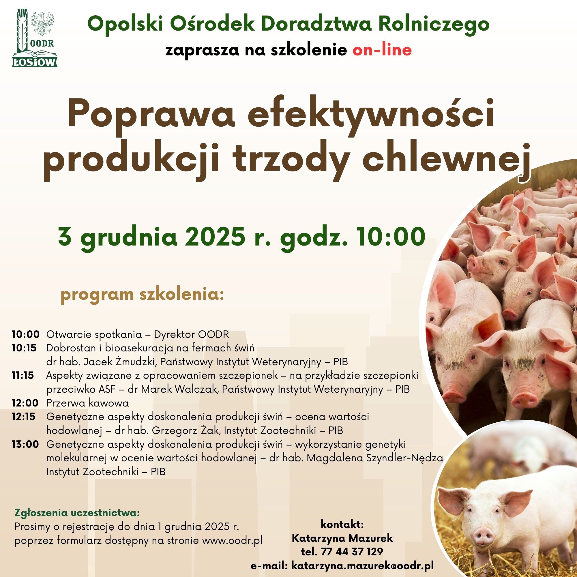 Opolski Ośrodek Doradztwa Rolniczego zaprasza na szkolenie on-line „Poprawa efektywności produkcji trzody chlewnej” – 3.12.2025 r. godz. 10:00